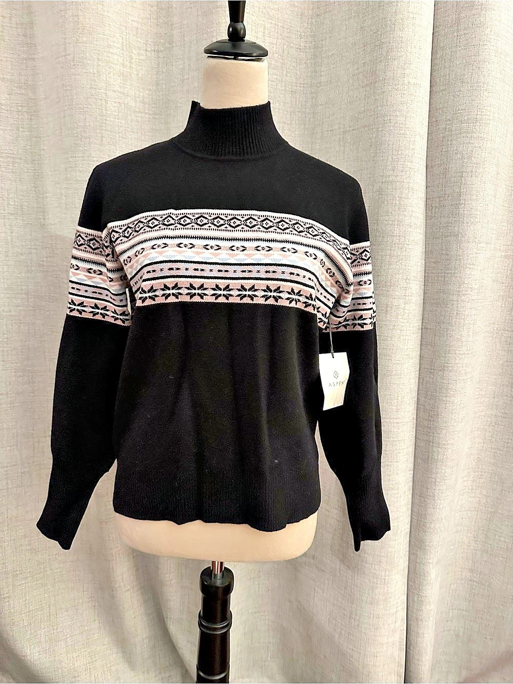 Aspen Black Long Sleeve Funnel Neck Fair Isle Yoke Work w/ Pattern Stripe
